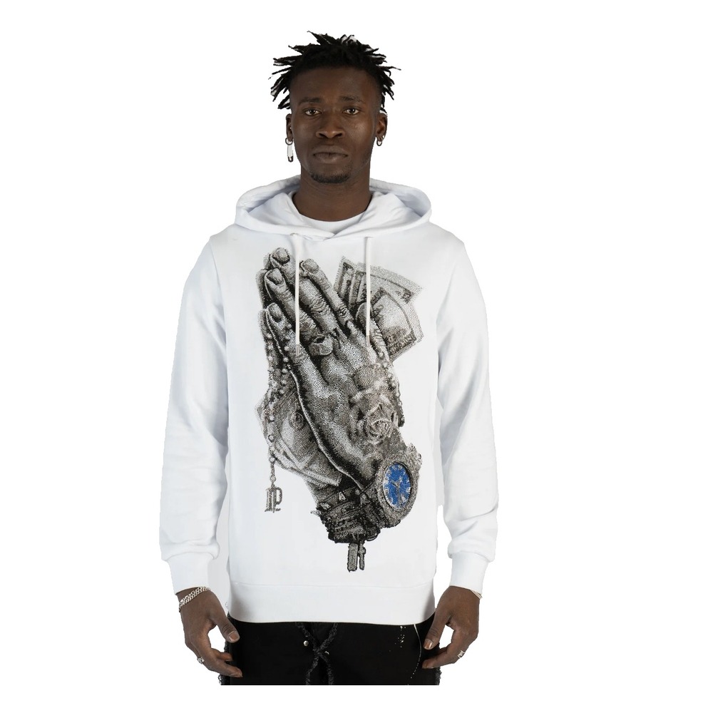 Left Point Rhinestone Praying Hands Money Graphic Hoodie Gothic Text Streetwear